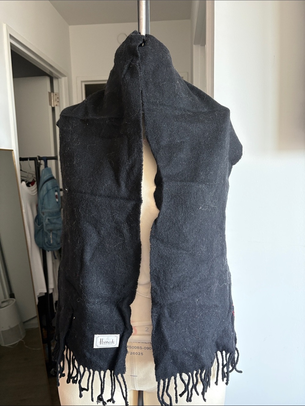 Vintage Harrods Black Fringed Wool Wrap Scarf